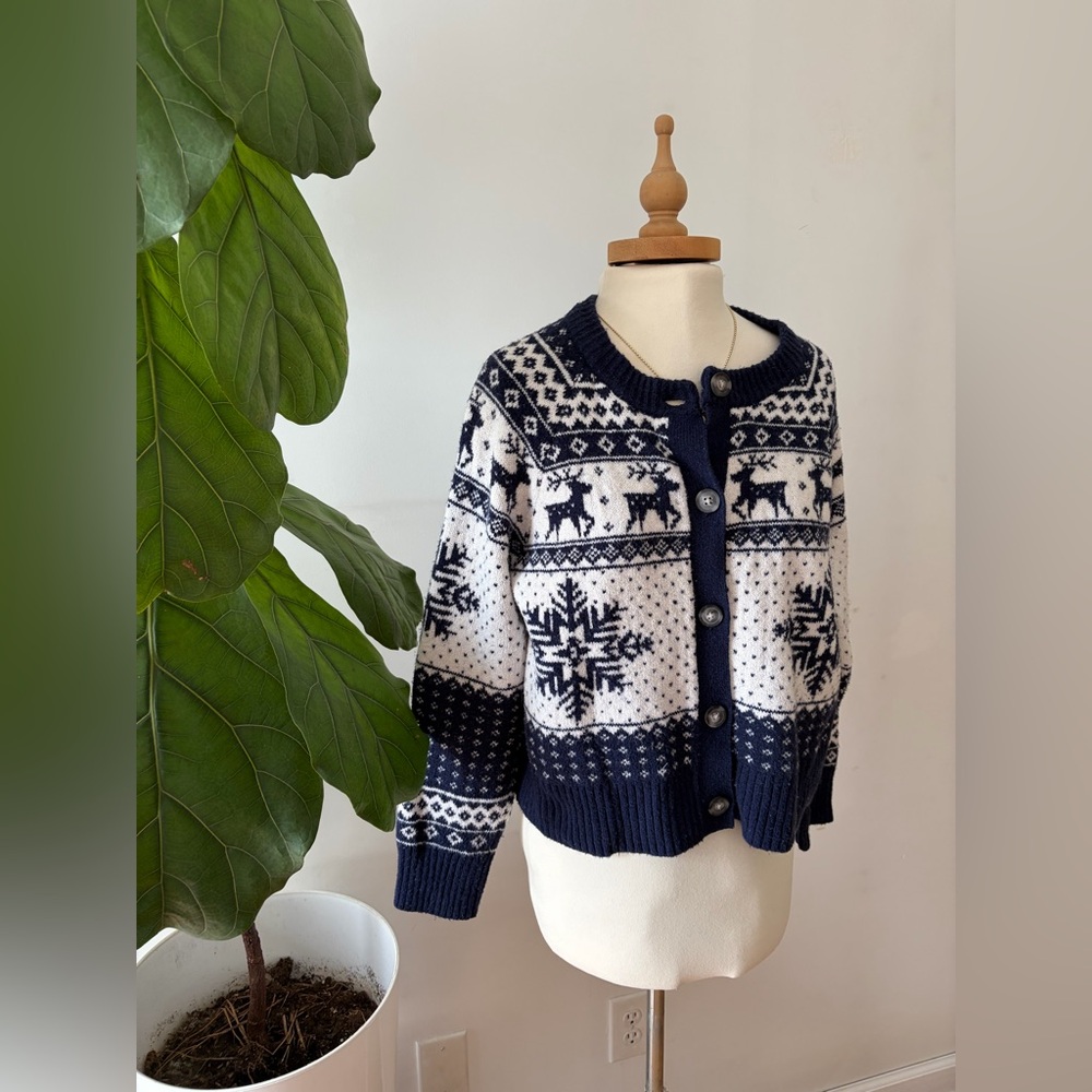 Old Navy Chunky Fair Isle Cardigan Navy & White Button Front Cozy Sweater